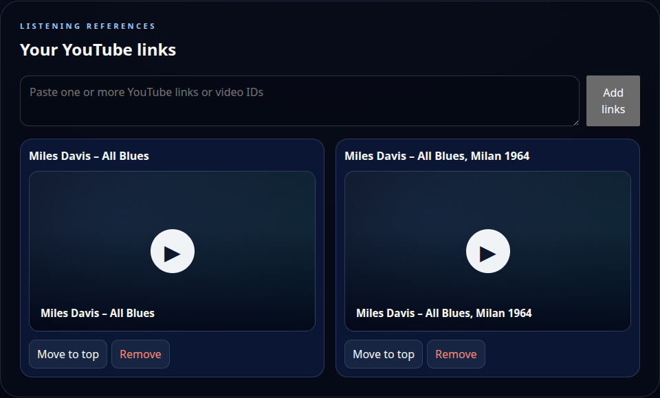 JazzRep tune page showing click-to-load YouTube reference cards