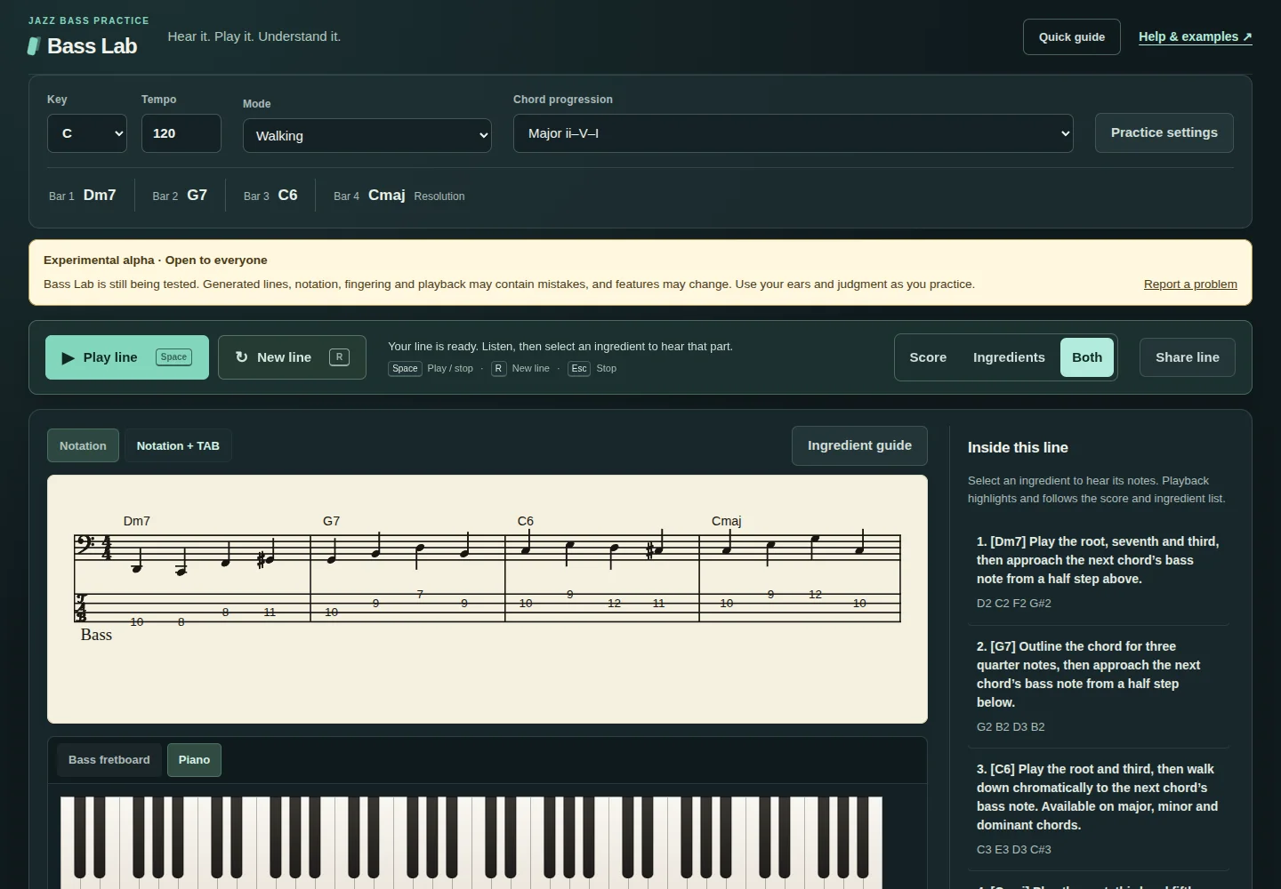 Bass Lab with its experimental alpha notice, a generated bass line, four-string TAB and piano.