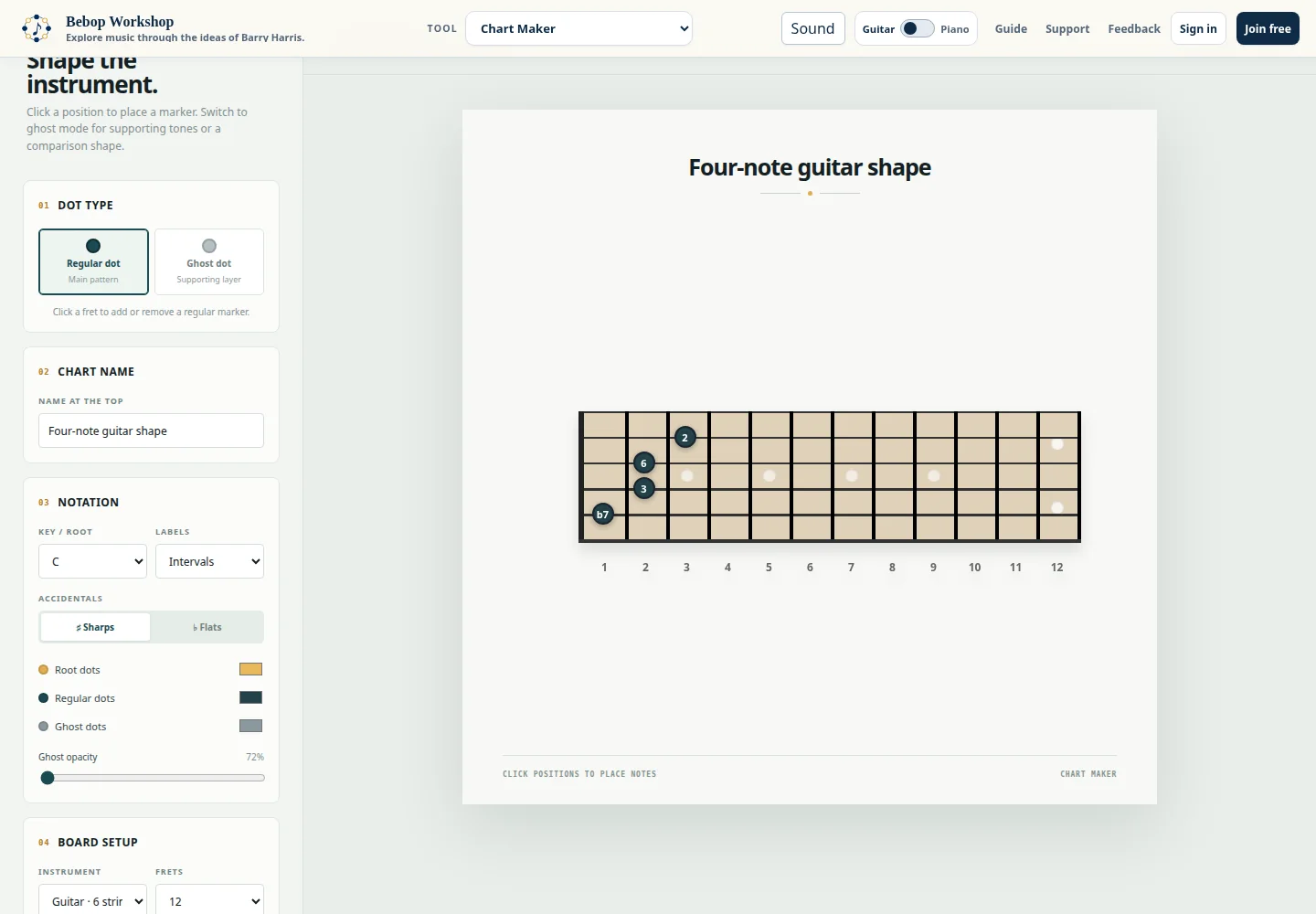 Chart Maker showing a four-note guitar chart with interval labels.