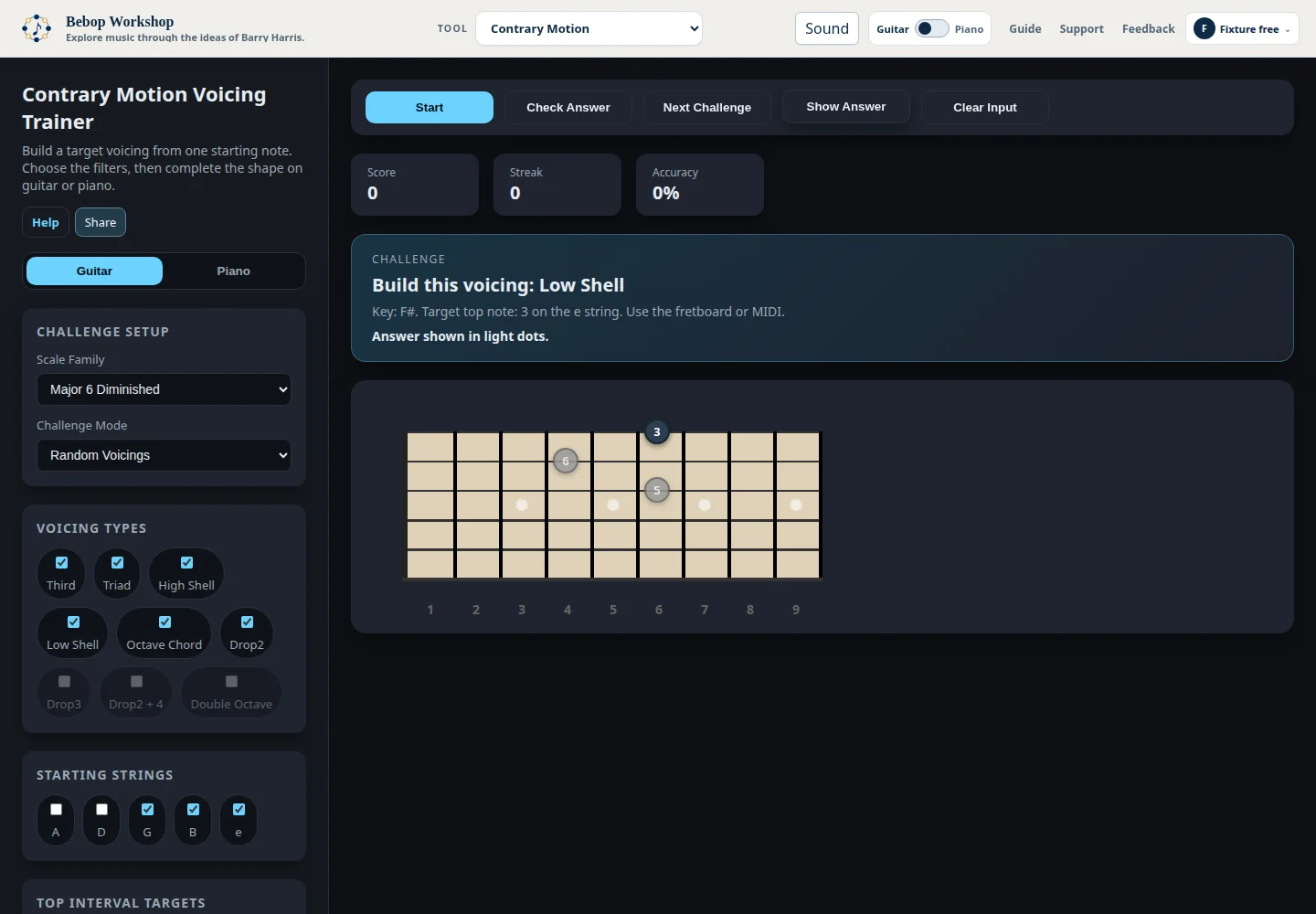 Contrary Motion showing a challenge and its revealed voicing on a guitar fretboard.