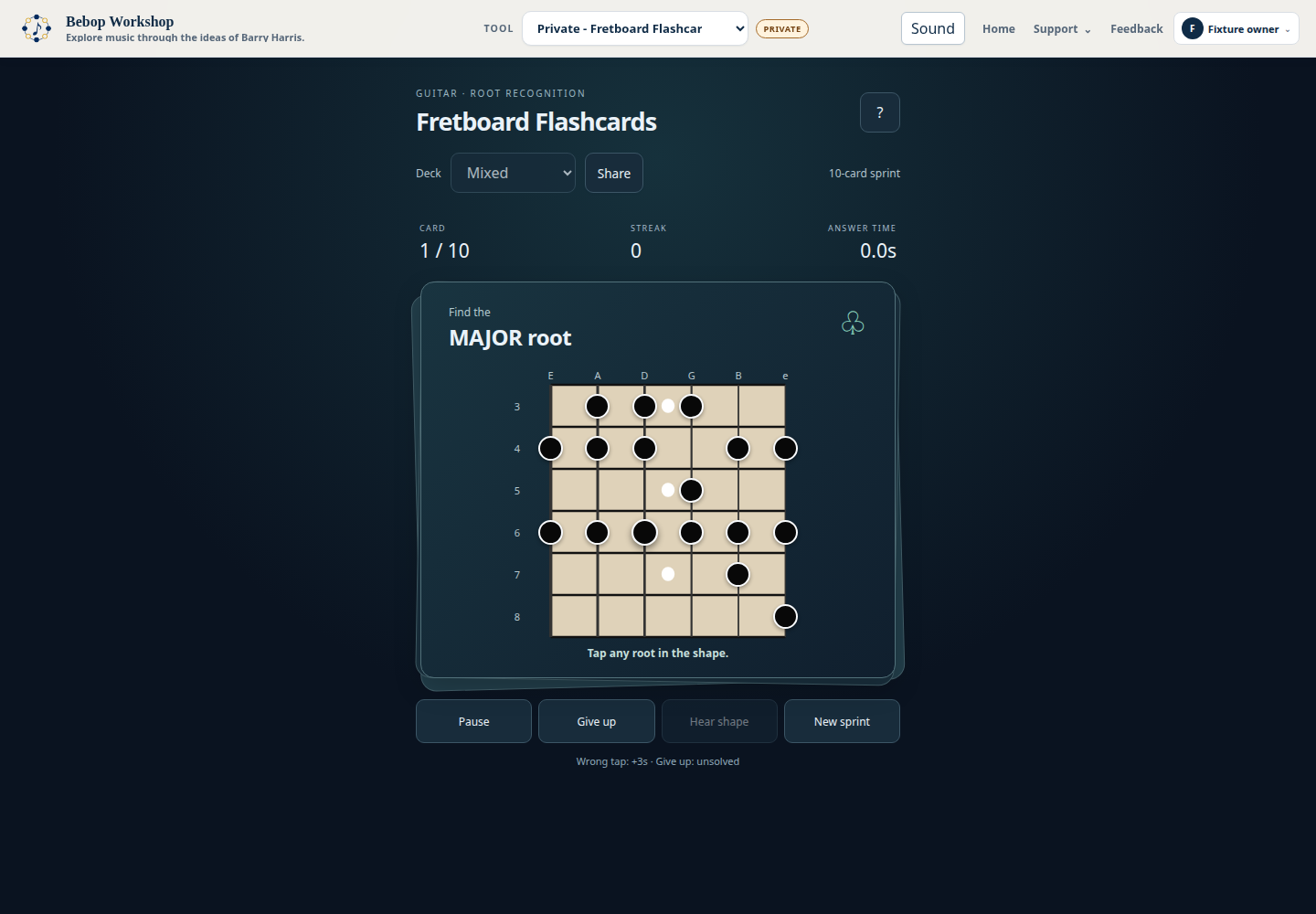 Find the root in a ten-card guitar scale sprint.