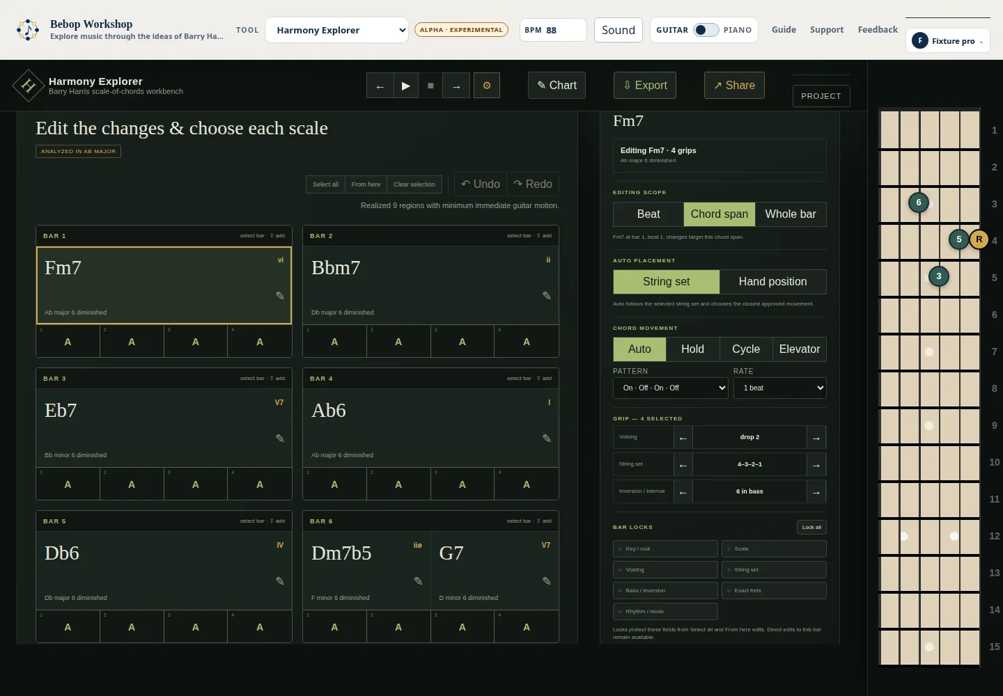 Harmony Explorer showing its default progression and current harmony view.