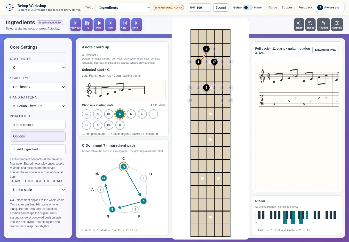 Ingredients showing a selected musical move with scale context and instrument displays.