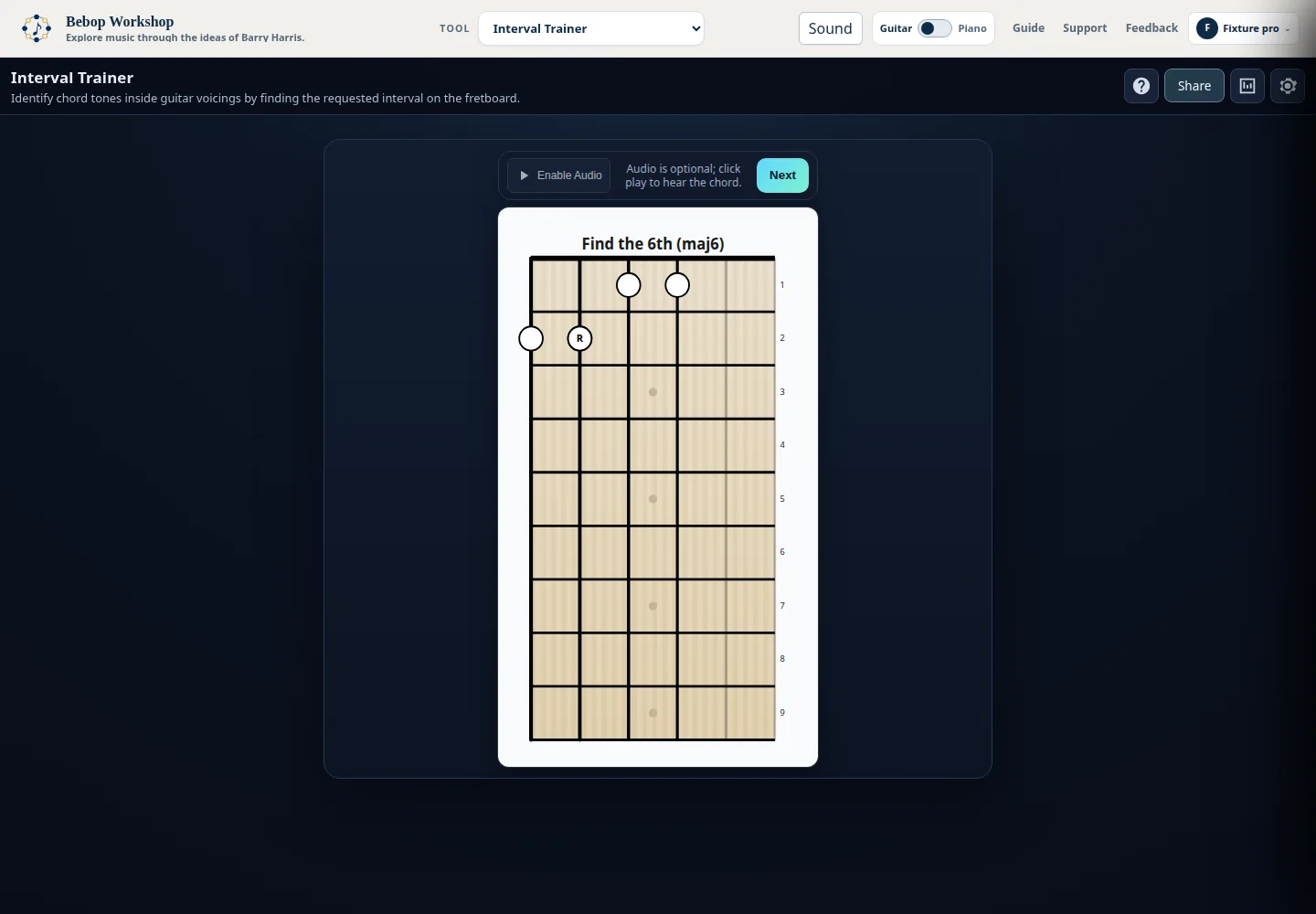 Interval Trainer showing a chord-tone interval question on a guitar fretboard.
