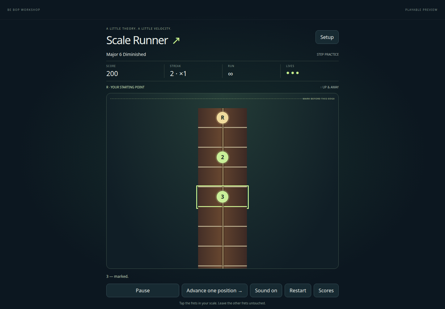 Scale Runner with interval dots on the moving guitar fretboard.
