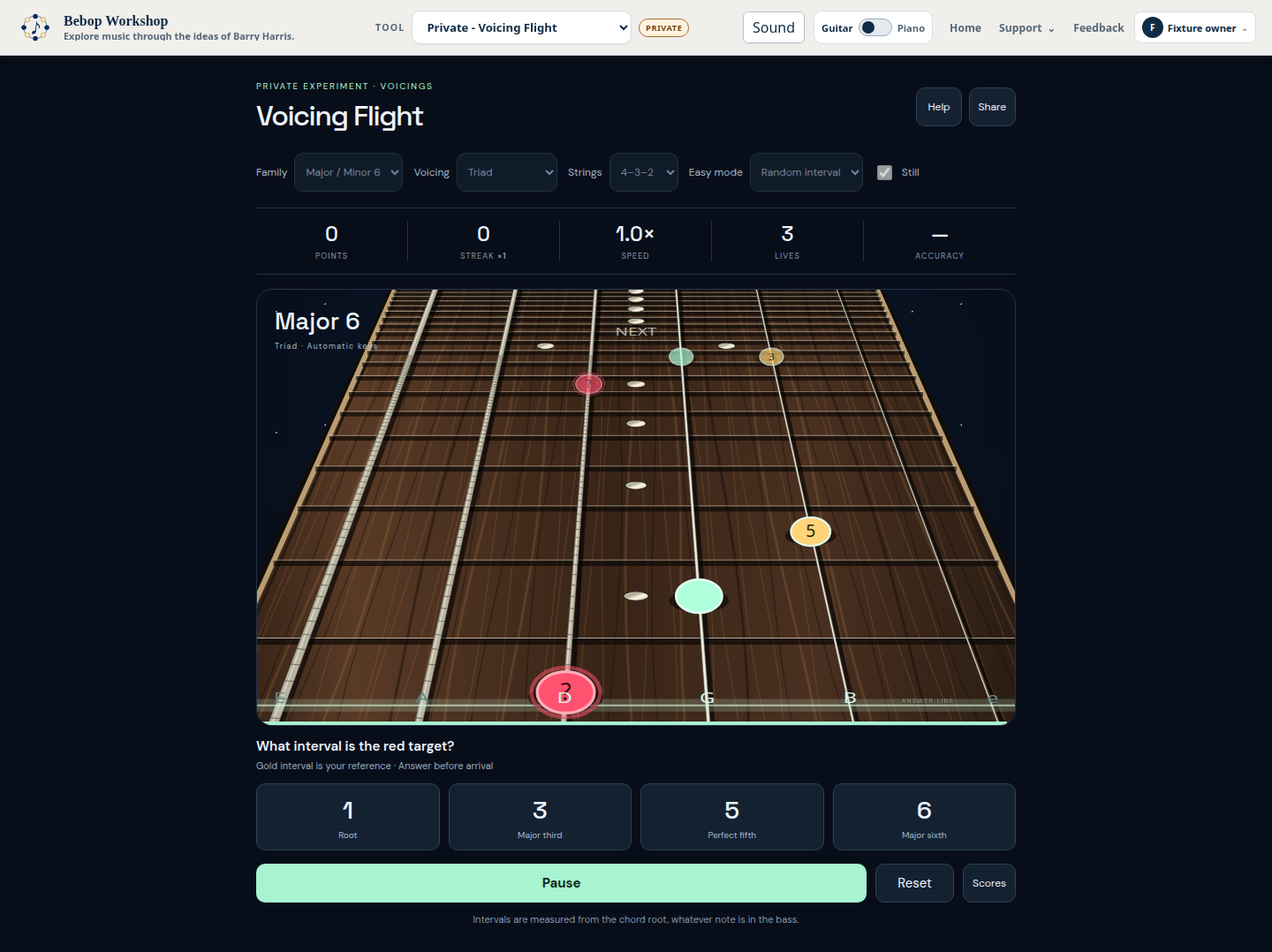Identify the target interval in moving guitar or piano voicings.