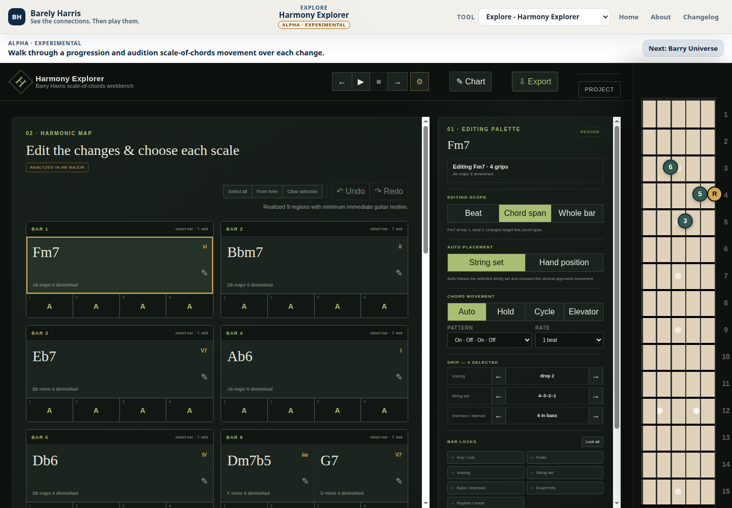Harmony Explorer showing a progression, scale choices, voicings, and fretboard