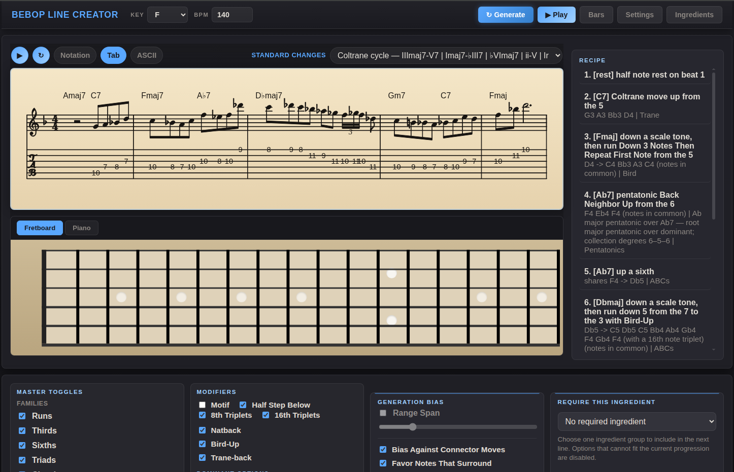 Line Lab showing notation, guitar TAB, a fretboard, and recipe details
