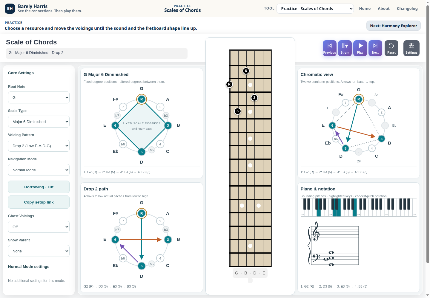 Scales of Chords with fretboard, scale-degree wheels, piano, notation, and sharing controls
