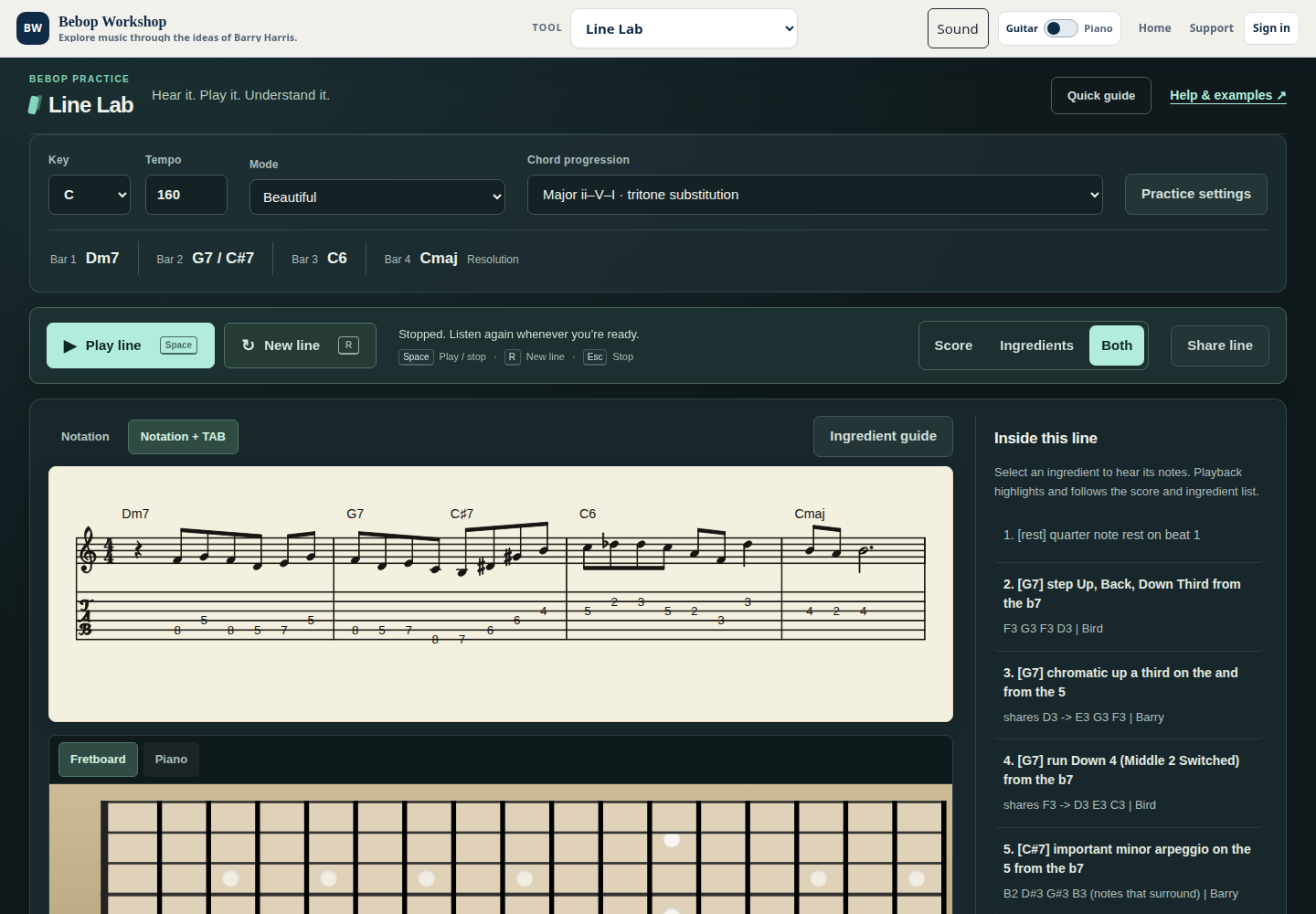 Line Lab with music notation, guitar TAB, and a fretboard for exploring a line