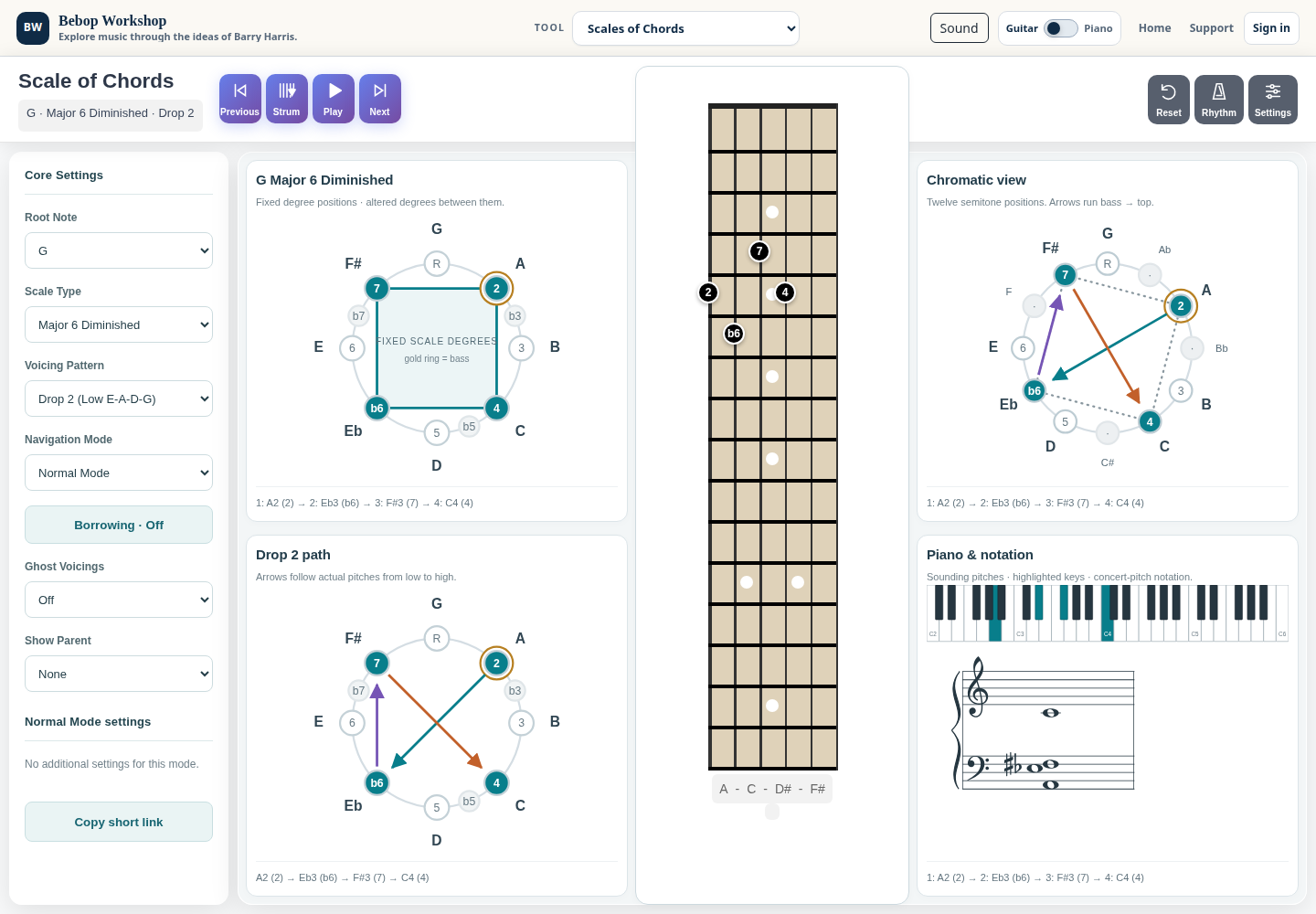Scales of Chords with voicings, notation, and a piano view