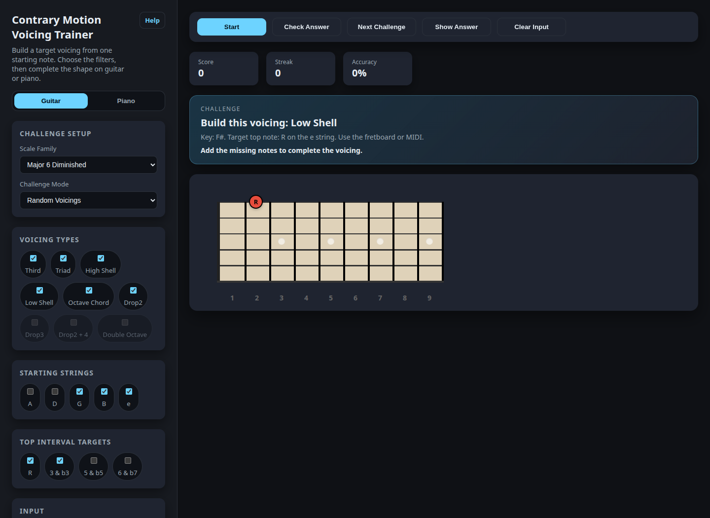 Desktop trainer showing the setup panel, challenge controls, and guitar fretboard